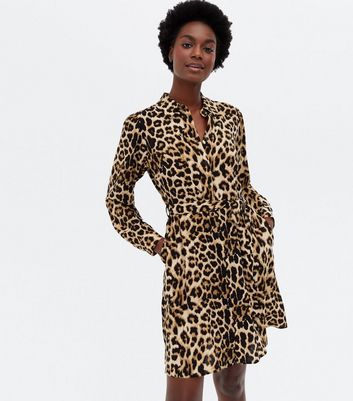 Brown Leopard Print Long Sleeve Belted ...